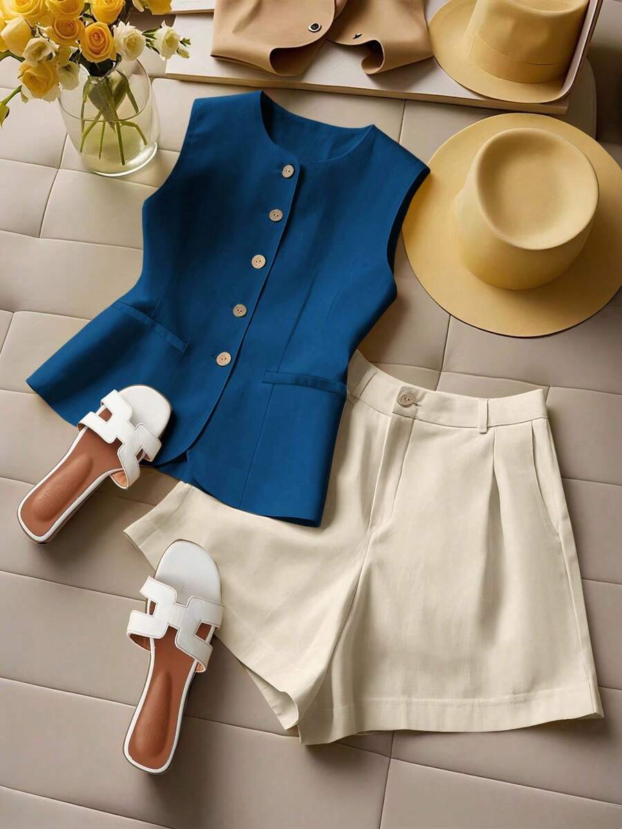Chaleco azul de botones y shorts beige vistos desde arriba