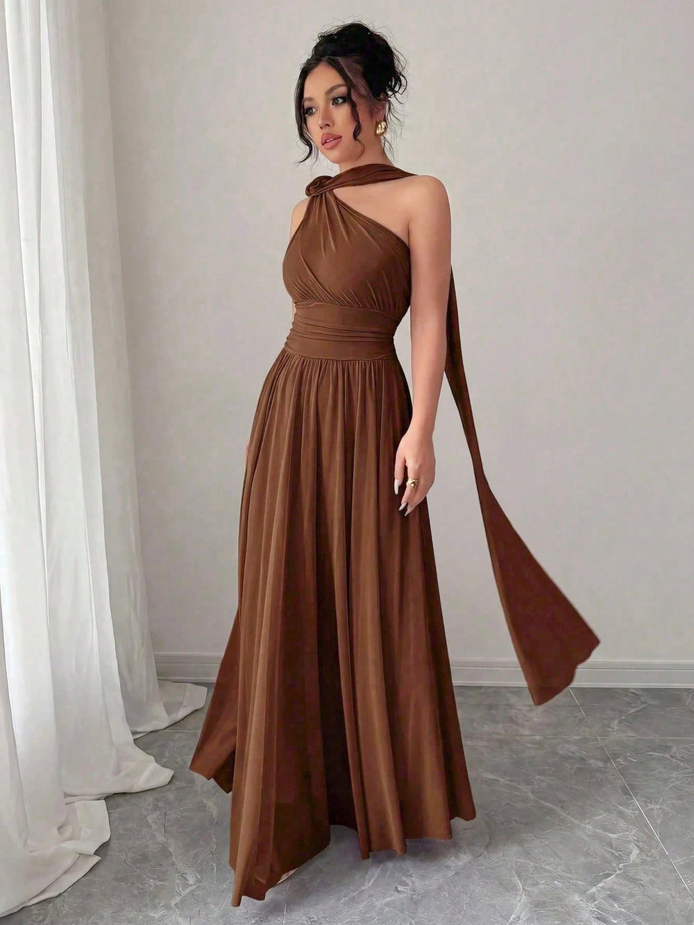 Vestido Largo Asimétrico Marrón Elegante Para Fiesta