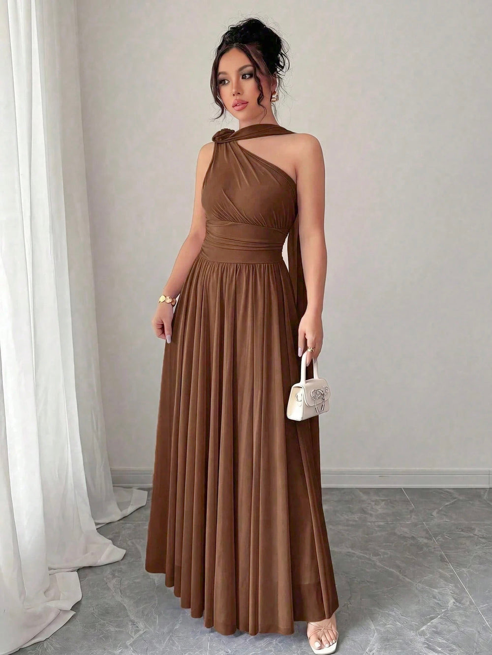 Vestido Largo Asimétrico Marrón Elegante Para Fiesta