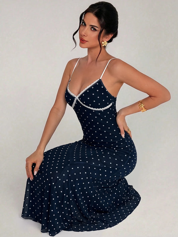Vestido Midi De Lunares Con Encaje En Escote