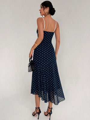 Vestido Midi De Lunares Con Encaje En Escote