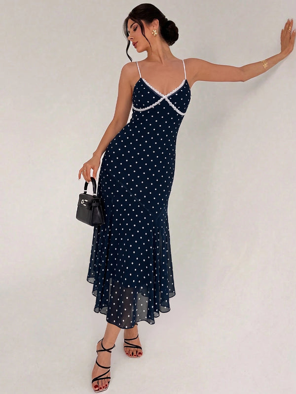 Vestido Midi De Lunares Con Encaje En Escote