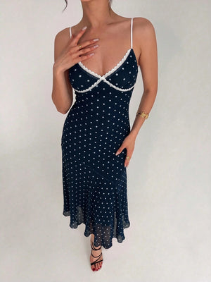 Vestido Midi De Lunares Con Encaje En Escote