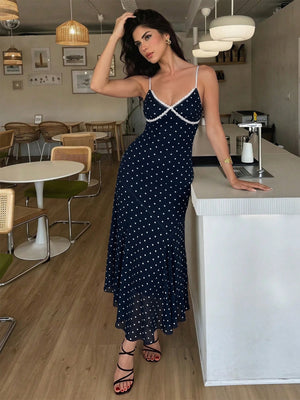 Vestido Midi De Lunares Con Encaje En Escote