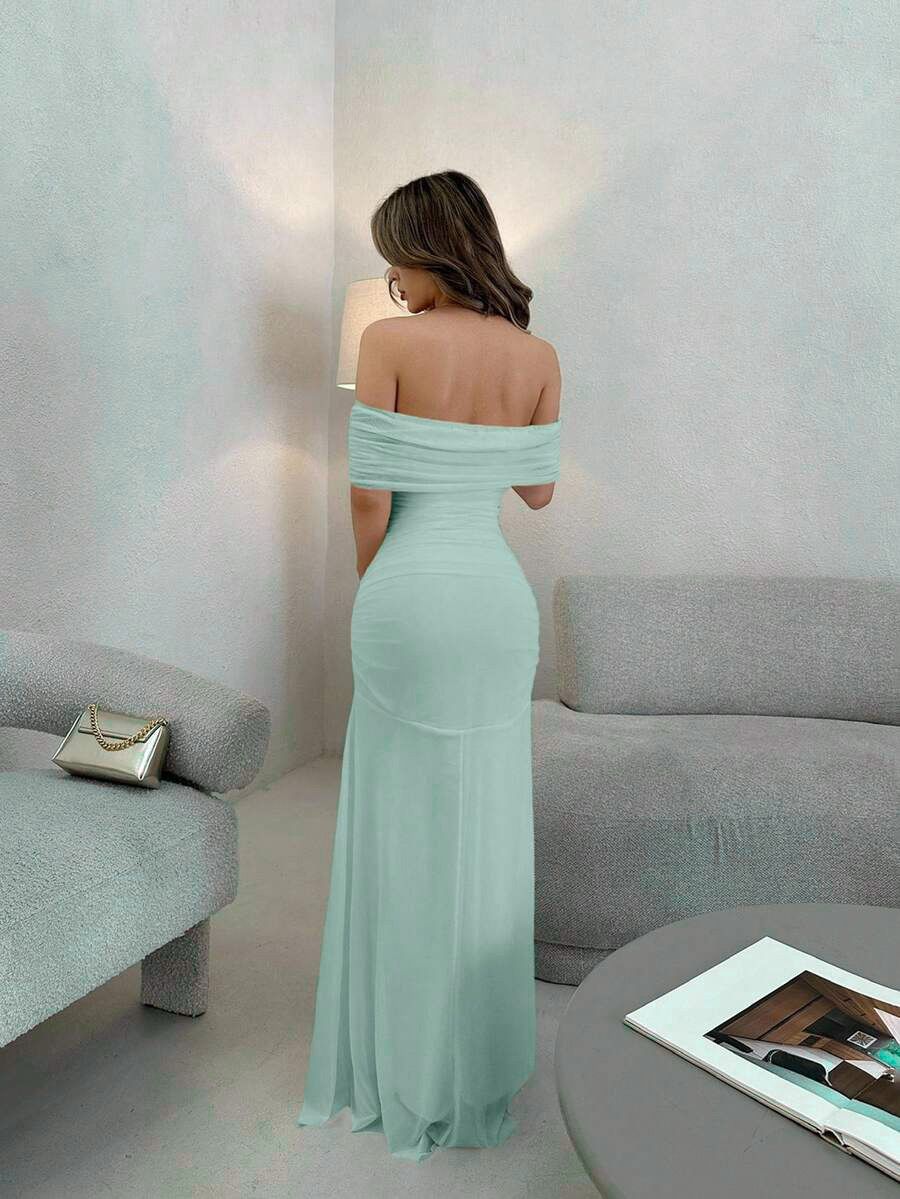 Vestido Largo Elegante Hombros Descubiertos Verde Menta