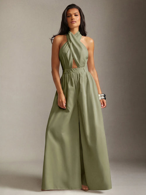 Enterizo Halter Verde Oliva Con Espalda Descubierta Y Pernera Ancha