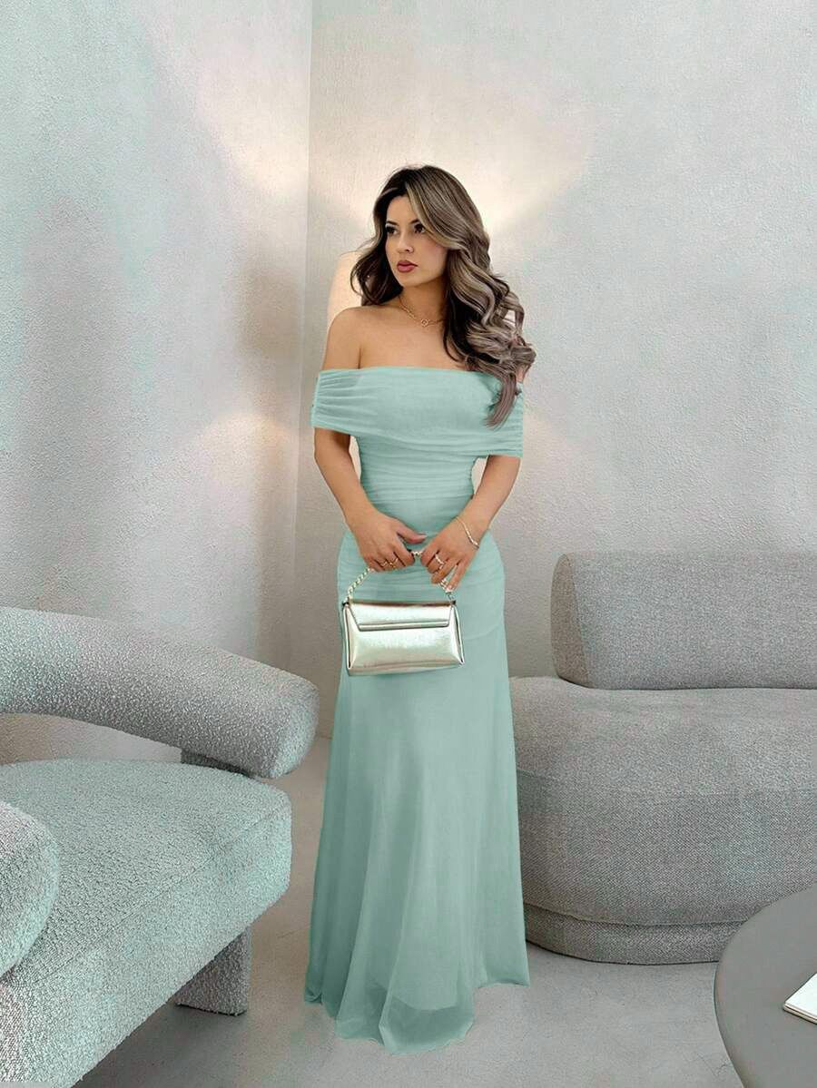 Vestido Largo Elegante Hombros Descubiertos Verde Menta