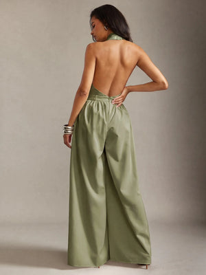 Enterizo Halter Verde Oliva Con Espalda Descubierta Y Pernera Ancha