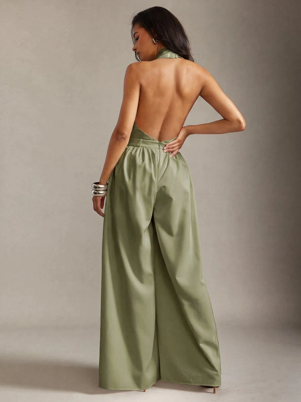 Enterizo Halter Verde Oliva Con Espalda Descubierta Y Pernera Ancha