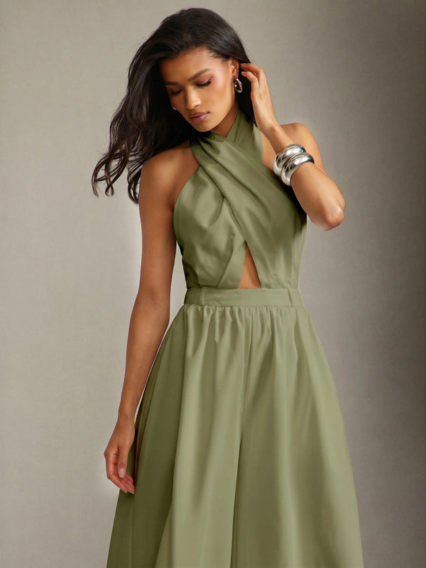 Enterizo Halter Verde Oliva Con Espalda Descubierta Y Pernera Ancha