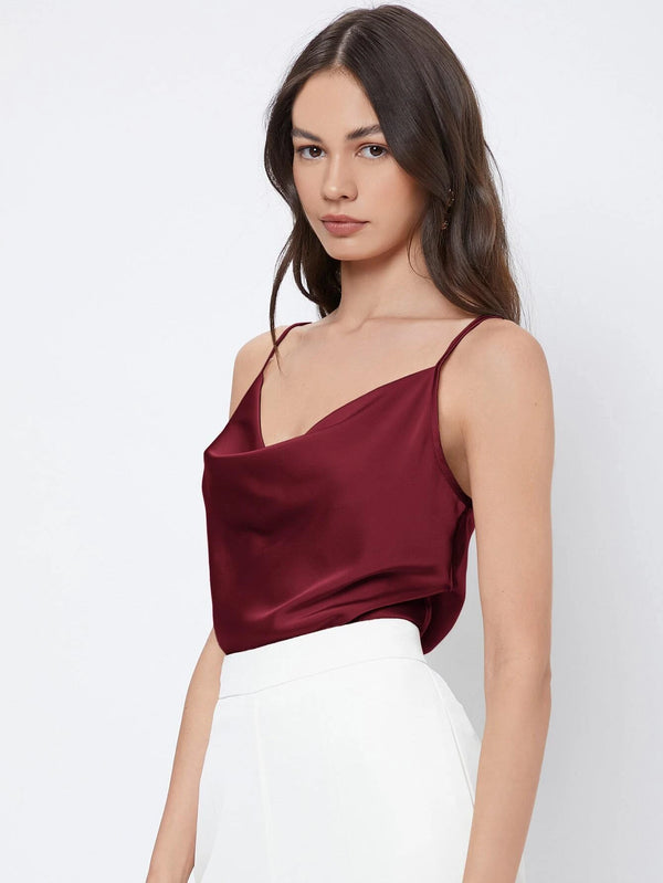 Top burdeos liso de tela tejida para oficina