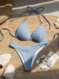 Bikini Texturizado Con Perlas Celeste