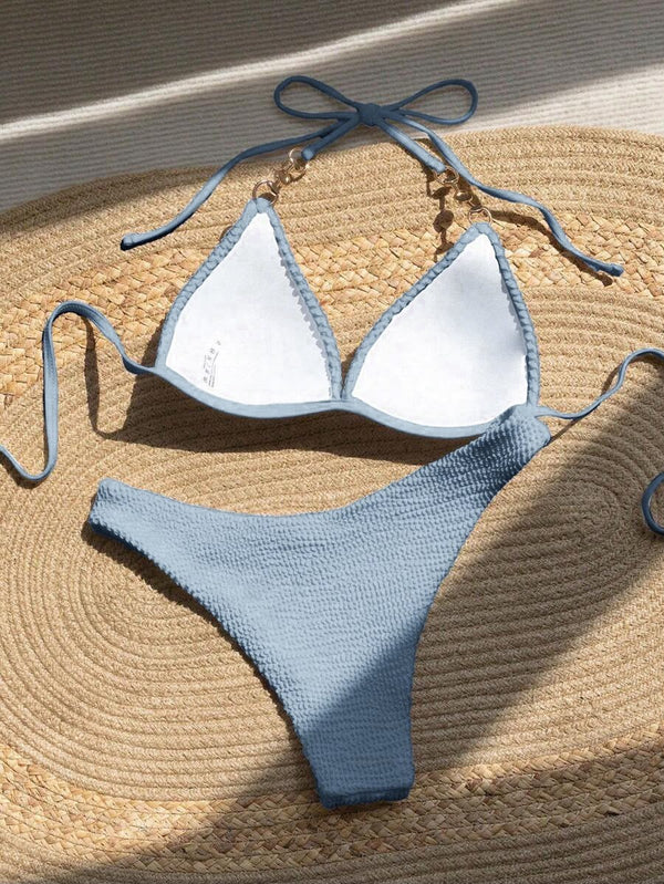 Bikini Texturizado Con Perlas Celeste