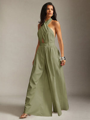 Enterizo Halter Verde Oliva Con Espalda Descubierta Y Pernera Ancha