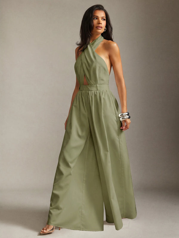 Enterizo Halter Verde Oliva Con Espalda Descubierta Y Pernera Ancha