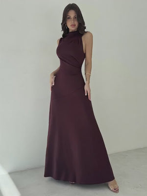 Vestido Burdeos Largo Elegante Cuello Alzado