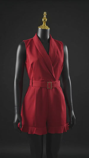 Romper Elegante Rojo Vino Con Solapa y Cinturón