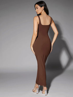 Vestido marrón elegante maxi espalda

