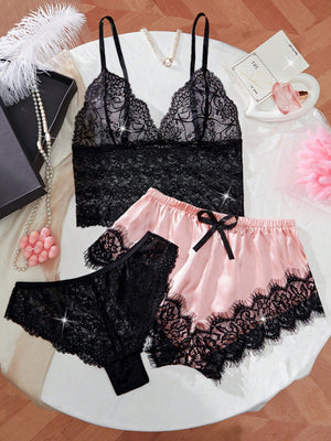 Conjunto De Lencería De Encaje Negro Y Rosa con short satinado vista completa.
