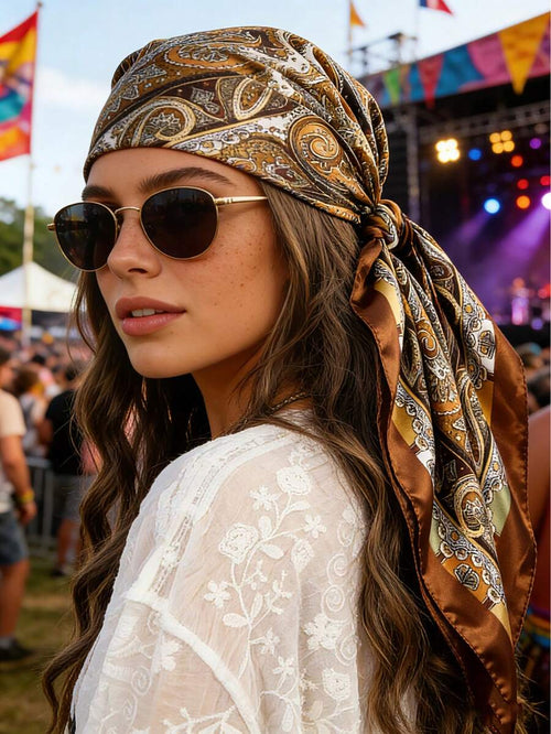 Mujer en un festival de música usando un pañuelo de satén estampado paisley en la cabeza.