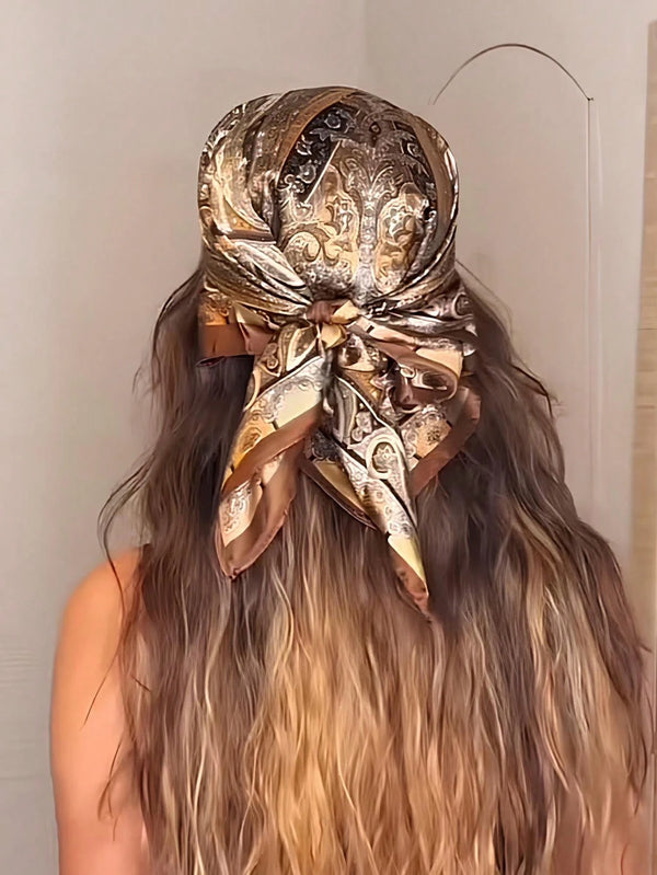 Pañuelo de cabello bohemio paisley café vista trasera con nudo decorativo