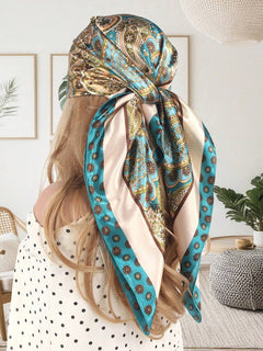 Vista trasera de una mujer luciendo un pañuelo de seda con estampado paisley en tonos turquesa y beige atado en la cabeza.