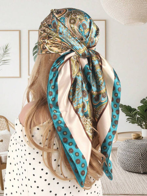 Vista trasera de una mujer luciendo un pañuelo de seda con estampado paisley en tonos turquesa y beige atado en la cabeza.