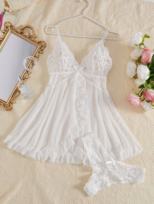 Set De Lencería Elegante con Encaje y Volantes