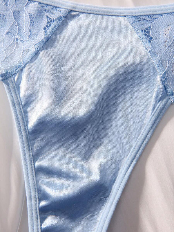 Conjunto de Lencería de Satín y Encaje Azul Cielo