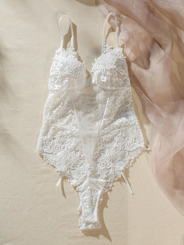 Body Blanco Clásico Sexy De Encaje En Contraste Semitransparente detalle encaje.
