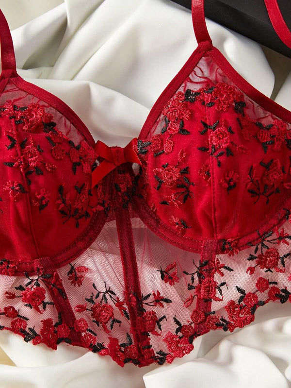 Conjunto De Lencería Bordado Floral Rojo