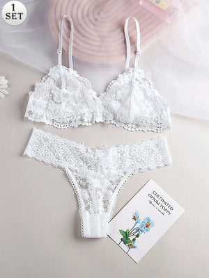 Conjunto de lencería blanca de encaje romántico francés vista frontal