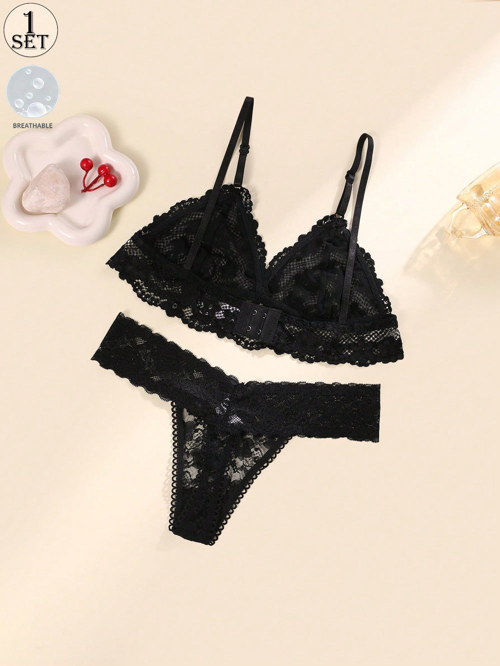 Conjunto De Lencería De Encaje Negro set completo vista frontal
