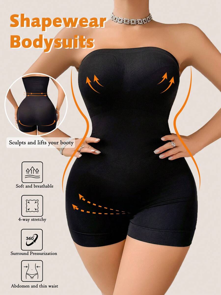 Mujer vistiendo un body faja moldeadora strapless de color negro que define la silueta.