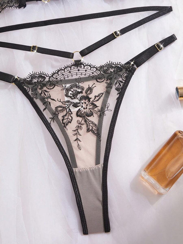 Conjunto de Lencería Floral Bordado con Tiras