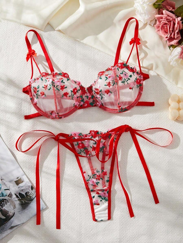 Sujetador rojo bordado con tirantes ajustables