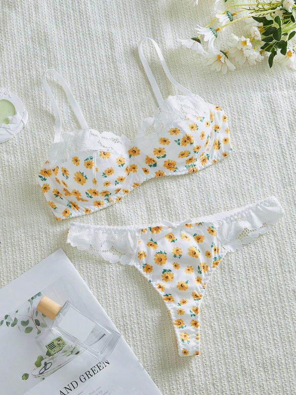 Sujetador floral con encaje en contraste y aro conjunto completo