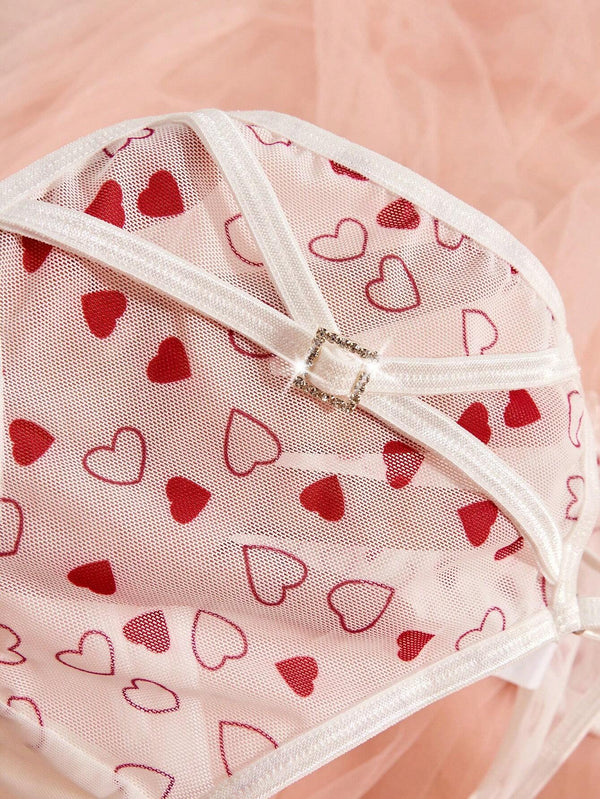 Conjunto Lencería Corazones Rojos transparente con aro detalle corazones.
