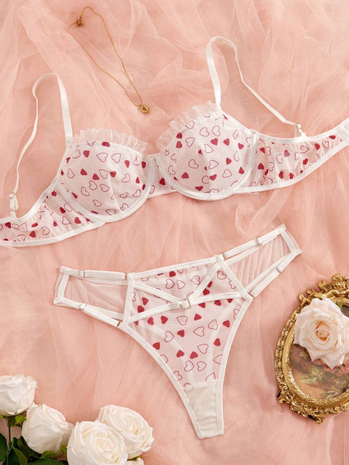 Conjunto Lencería Corazones Rojos transparente con aro vista frontal.
