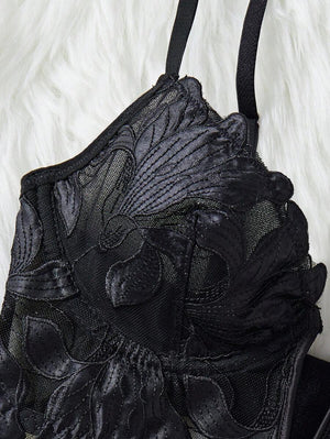 Conjunto de Lencería Bordado Floral Negro