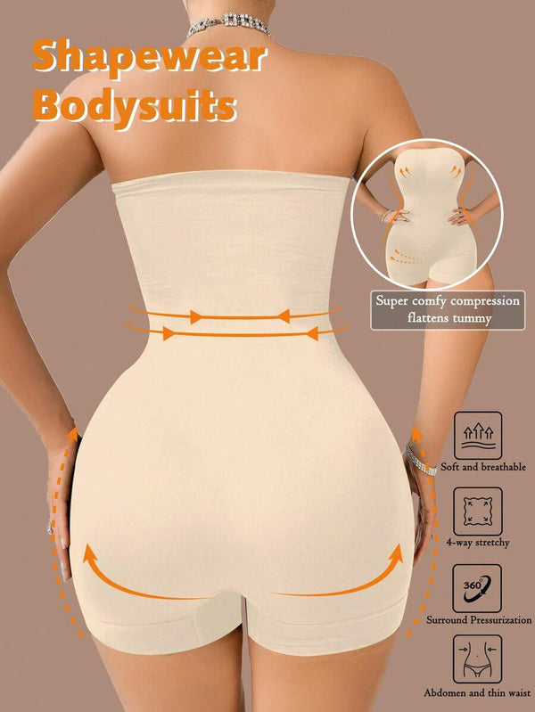 Primer plano del torso de una mujer usando una faja tipo body sin tirantes con efecto de compresión.