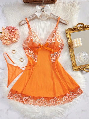 Camisón sexy naranja con encaje y lazo vista frontal