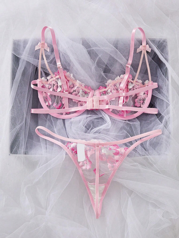 Set De Lencería Rosa Bordada De 2 Piezas