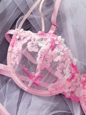 Set De Lencería Rosa Bordada De 2 Piezas