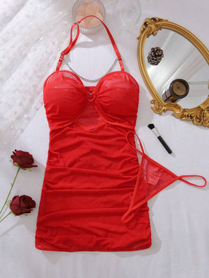 Set de Lencería Rojo Con Cadena y Corazon