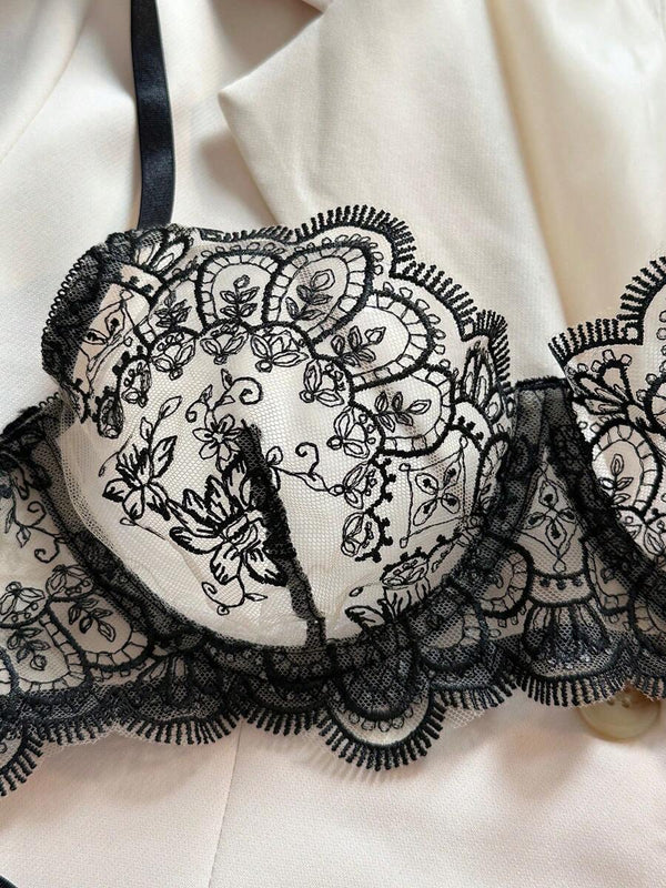 Conjunto Lencería De Encaje Floral Negro Con Aro