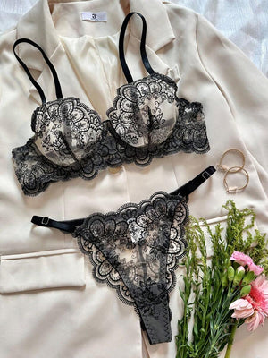 Conjunto Lencería De Encaje Floral Negro Con Aro