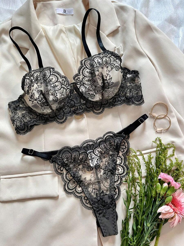 Conjunto Lencería De Encaje Floral Negro Con Aro