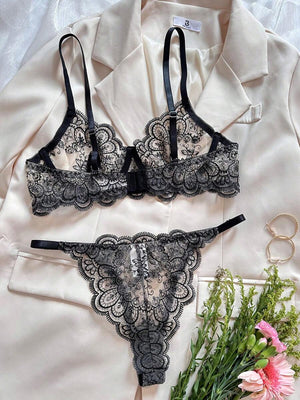 Conjunto Lencería De Encaje Floral Negro Con Aro