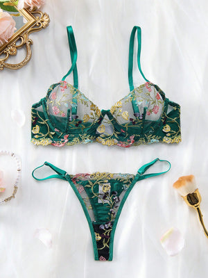 Conjunto De Lencería Verde Bordado Floral